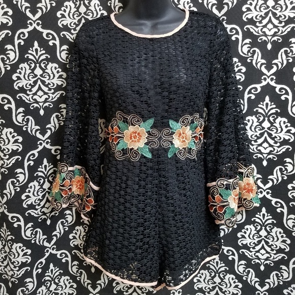 MESH NET BLACK SOLARIS STYLE CROCHET EMBROIDERED ROMPER JUMPER ROSES - Picture 1 of 7
